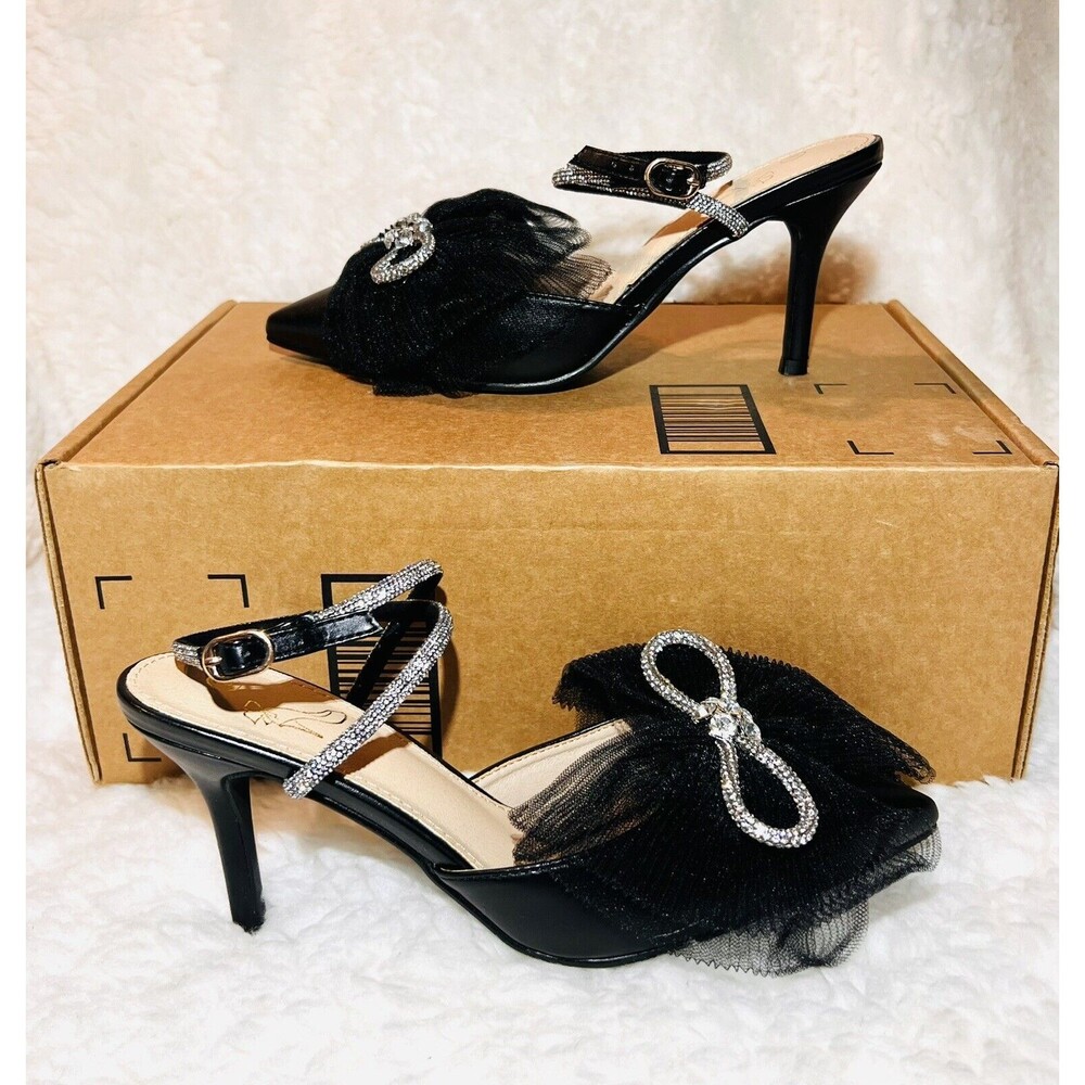 Perphy Women’s Rhinestone Mesh Bow Slingback Stiletto Heel Pumps - Black - 8 - Picture 4 of 8